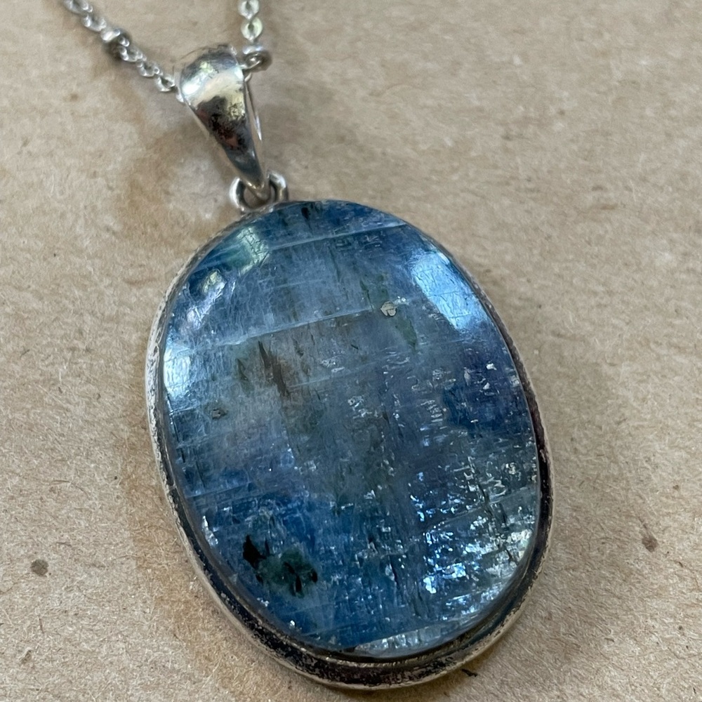 Blue Kyanite Oval Stone with Silver Pendant Necklace